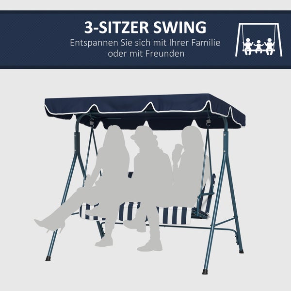 Outsunny Hollywoodschaukel 3-Sitzer Gartenschaukel mit Verstellbarem Dach, wasserabweisend Schaukelbank bis 240 kg belastbar, für Garten, Balkon, Mesh, Blau