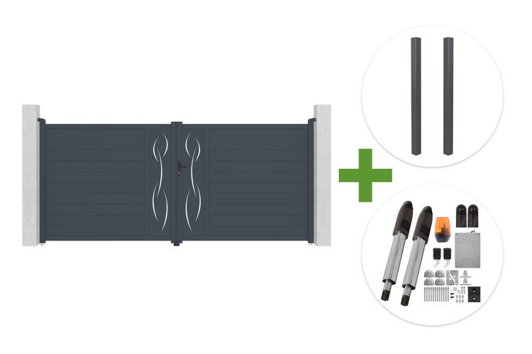 Zweiflügeliges Einfahrtstor-Set mit dekorativem Muster inklusive elektrischem Torantrieb und zwei Pfosten.
