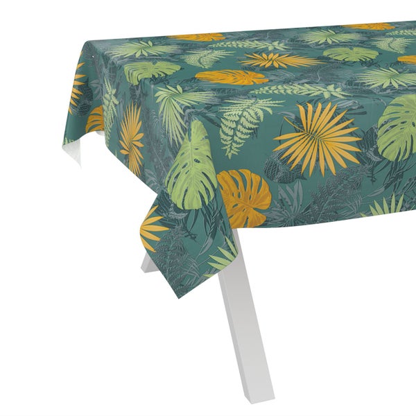Tischdecke mit tropischem Blättermuster, Monstera- und Farnmotive in Grün und Gelb.