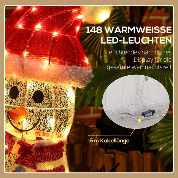 Leuchtende Schneemann-Figur mit 148 warmweißen LED-Lampen, Weihnachtsmütze und Schal. Mit 5 Meter langem Kabel für die Weihnachtsdekoration.