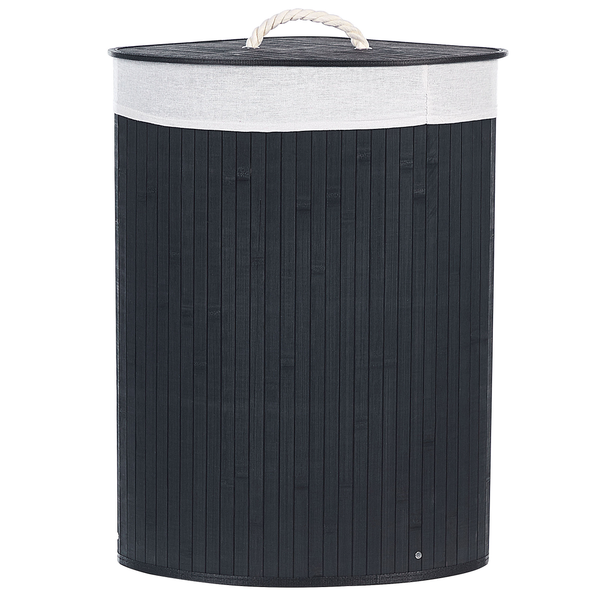 Eckiger Wäschekorb aus schwarzem Bambus mit weißem Textilinlet und Seilgriff am Deckel.