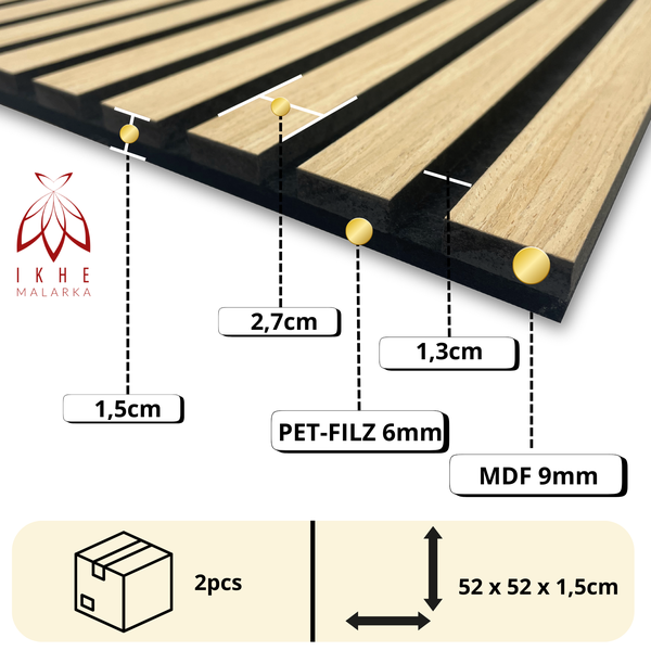 2 Stück 0,54m² / Lamellen 3d Paneele Holz Wandpaneele Deckenpaneele Dekoren/schalldämmung - PET Filz 6mm und MDF 9mm (11000C)