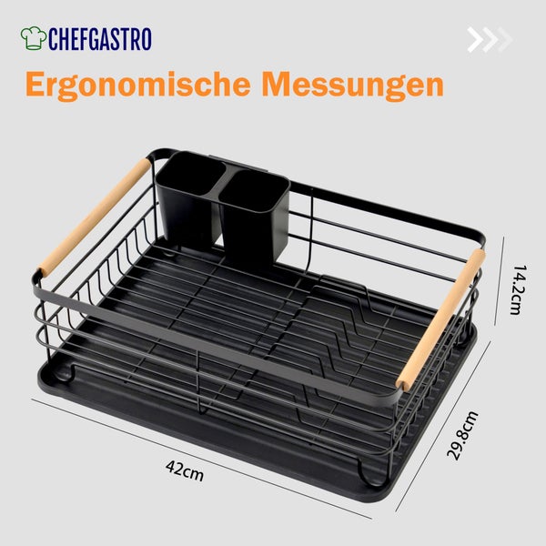 CHEFGASTRO Abtropfgestell Geschirr | HxBxT 14x42x30cm | Stahl/Holz | mit Besteckhalter & Abtropfbrett, Geschirrabtropfgestell Abtropfständer
