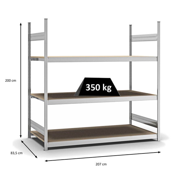 PROREGAL Weitspannregal Stecksystem T-Profil Grundregal HxBxT 200x200x80 cm 3 Ebenen Spanplatten Fachboden Fachlast 350 kg Verzinkt