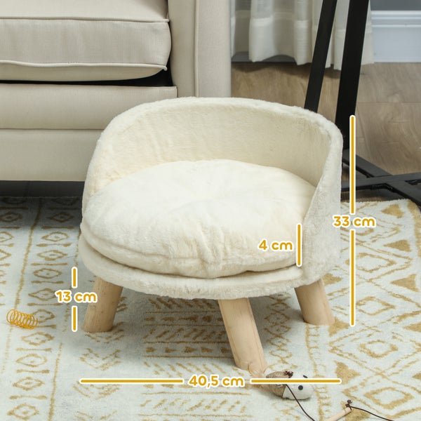 PawHut Katzensofa, Haustiersofa mit Kissen, Katzenbett, katzensessel Katzenhocker erhöhtes Haustierbett mit rutschfesten Holzfüße, Hundesofa, Indoor, Cremeweiß, 40,5 x 40,5 x 33 cm