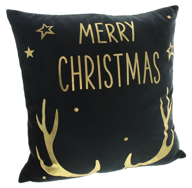 Dekokissen mit dem Aufdruck 'Merry Christmas', Sternen und Geweih auf schwarzem Stoff