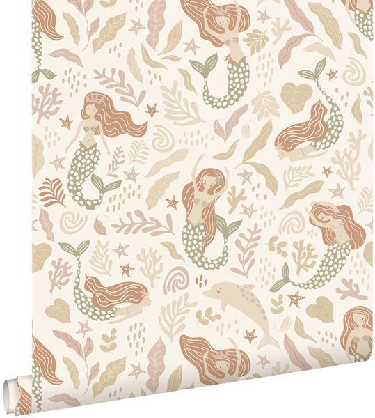 ESTAhome Tapete Meerjungfrauen Graugrün, Beige und Terrakotta - 50 x 900 cm - 131498
