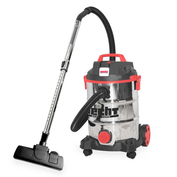 Hecht Nass- und Trockensauger mit Edelstahlbehälter, Saugschlauch, Metall-Teleskoprohr und Bodendüse.