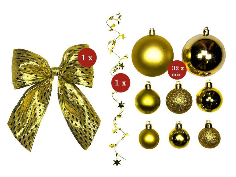 Weihnachtsbaumschmuck Set bestehend aus einer Schleife, einer Sternengirlande und 32 Weihnachtskugeln in verschiedenen Oberflächenstrukturen