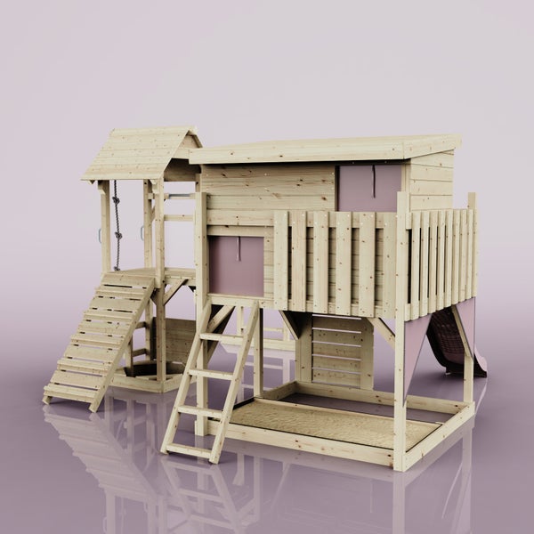 Spielanlage aus Holz mit Rutsche, Leiter und Sandkasten