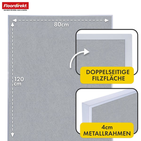 Floordirekt Akustikpaneel mit doppelseitiger Filzfläche und einem 4 Zentimeter Metallrahmen, Größe 80x120 Zentimeter