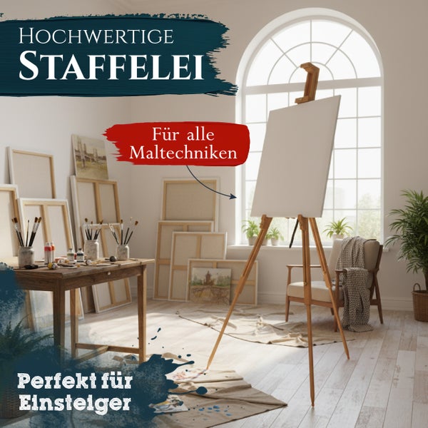 Holzstaffelei in einem hellen Atelier mit Leinwänden und Malutensilien, geeignet für verschiedene Maltechniken und Einsteiger.