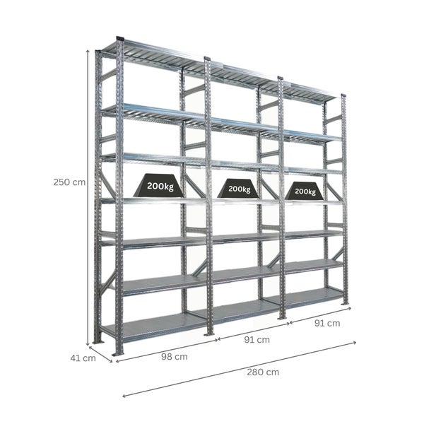 Metallregal mit fünf Regalböden und den Abmessungen 250 x 280 x 41 cm, Traglast 200 kg pro Boden