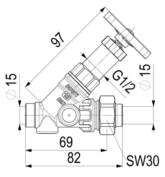 Maßzeichnung eines Schrägsitzventils mit Handrad und technischen Abmessungen in Millimeter wie 82 und 97 sowie Durchmesser 15.