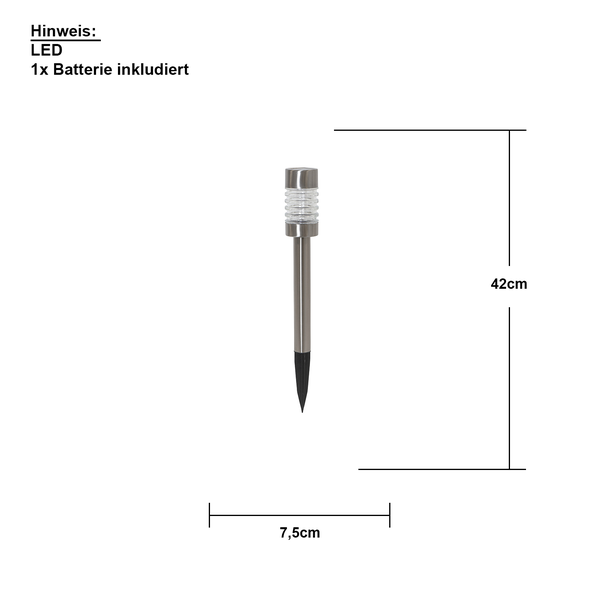 Abmessungen einer LED Gartenleuchte mit Batterie, Höhe 42 cm, Durchmesser 7,5 cm.