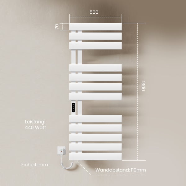 EMKE WiFi Smart Elektrischer Handtuchwärmer 130 x 50 x 11 cm, 440W, Intelligente Temperaturregelung, 6 Betriebsmodi, Wandmontage, Glänzend Weiß