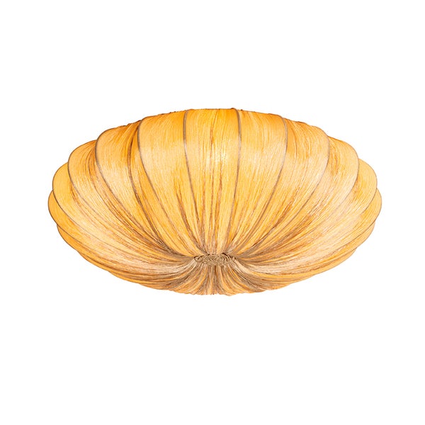 Runde Deckenleuchte aus gewebtem Naturmaterial mit gerippter Oberflächenstruktur.