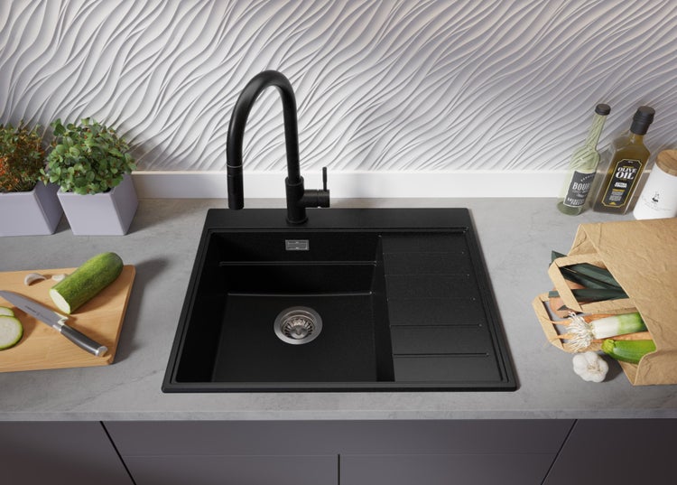 PRIMAGRAN Spülbecken Schwarz 62x50cm, Granitspüle 1 Becken + Ablauf-Set + Küchenzubehörset, Küchenspüle ab 45er Unterschrank - Sydney