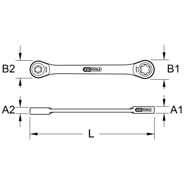 Technische Zeichnung eines Umschaltratsche Ringschlüssels von KS Tools mit den Abmessungen A1, A2, B1, B2 und L