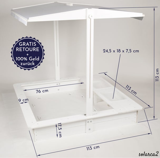 WONDERMAKE® Design Sandkasten mit Matschküche, Dach, Abdeckung OXFORD 420D, Vliesfolie, Sandkiste Holz quadratisch verschließbar Outdoor Garten für Kinder, weiß silber