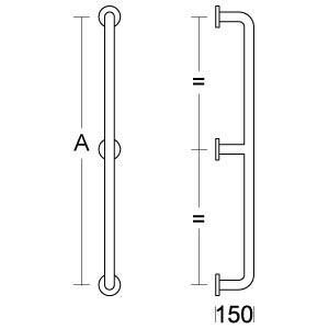 Maßzeichnung eines Wandgriffs mit drei Befestigungen, Gesamtlänge A und Tiefe 150 Millimeter.