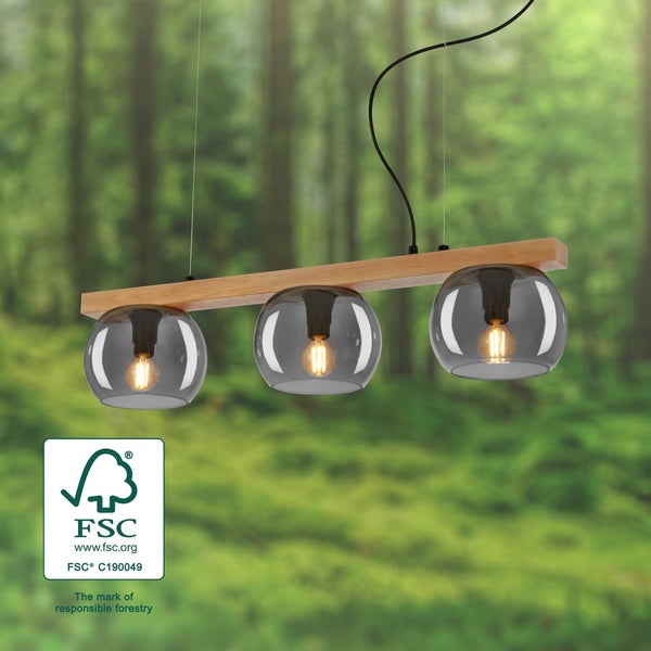 Pendant lamp, with wood, smoked glass, 3xE14/max.1