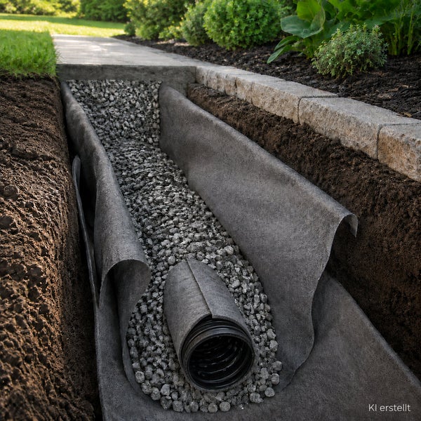 Drainagerohr in einem mit Kies gefüllten und mit Vlies ausgekleideten Graben zur Entwässerung im Gartenbau.