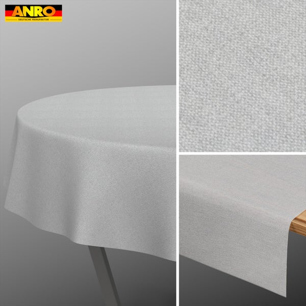 Graue strukturierte Tischdecke auf einem runden und einem eckigen Tisch, inklusive Detailaufnahme des Gewebes. ANRO Logo.