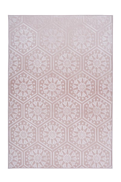 Teppich mit geometrischem Sechseckmuster und floralen Ornamenten in Rosa