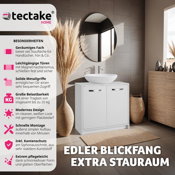 tectake HOME Logo. Moderner weißer Badezimmer-Unterschrank mit viel Stauraum, zwei Türen und Aufsatzwaschbecken vor grauer Wand mit rundem Spiegel.