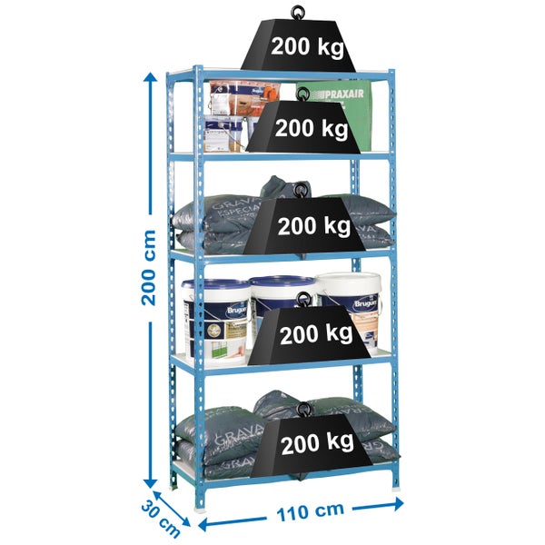PROREGAL Schwerlastregal Big Metal Shark HxBxT 200 x 110 x 30 cm Fachlast 200 kg Blau-Weiß