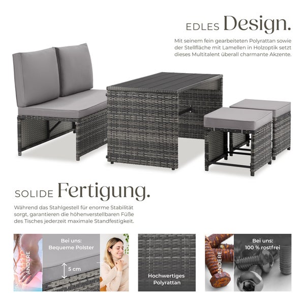 Gartenmöbel-Set aus grauem Polyrattan: Tisch in Holzoptik, Zweisitzer-Sofa, zwei Hocker, 5 Zentimeter dicke Polster und rostfreie Schrauben.