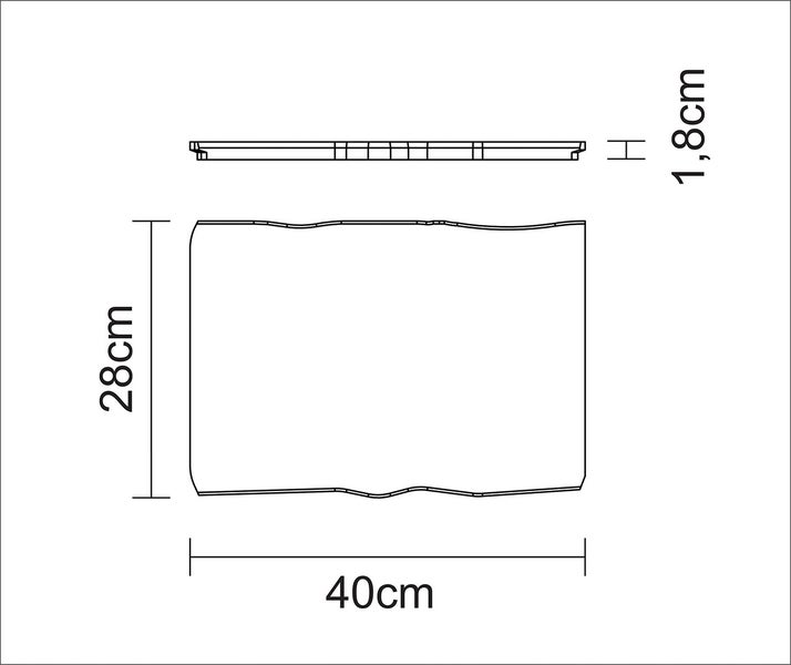Technische Zeichnung eines rechteckigen Objekts mit den Maßen 40 mal 28 Zentimeter und einer Höhe von 1,8 Zentimetern
