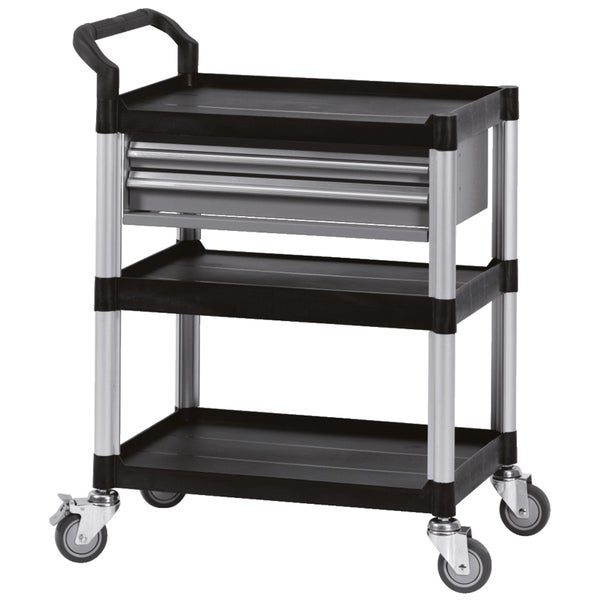 Werkstattwagen mit drei Ablageflächen, einer Schublade, Aluminiumgestell und vier Lenkrollen.