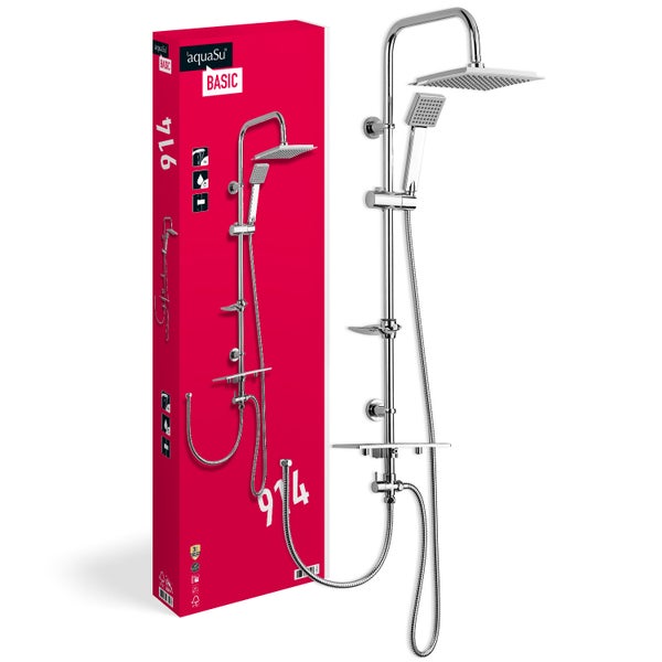 aquaSu® Basic Duschsystem 914 | Ø 7,5 cm Handbrause mit Regenstrahl | Ø 20 x 20 cm Kopfbrause | Anti-Kalk | Wassersparend | 95 cm Duschstange | Metall-Brauseschläuche Typ 1/2  | Chrom | 727914