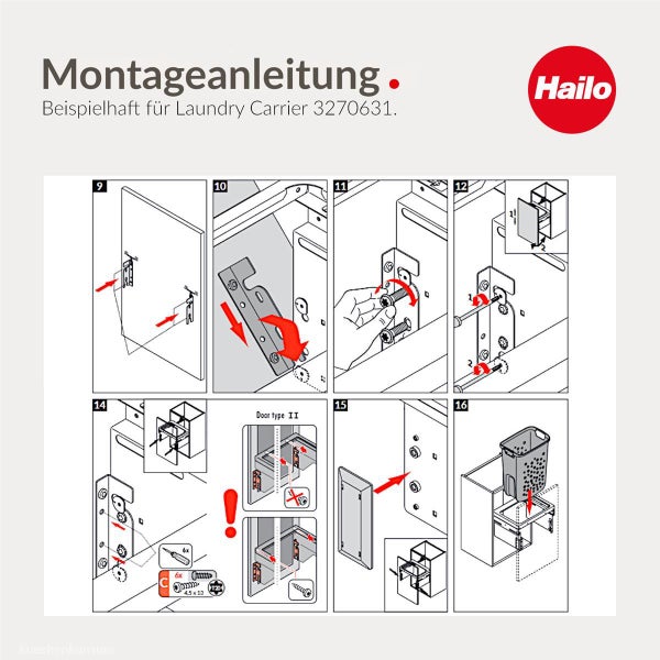 Montageanleitung für den Hailo Laundry Carrier mit nummerierten Schritten zur Installation von Halterungen, Schrauben und Körben. Hailo Logo.