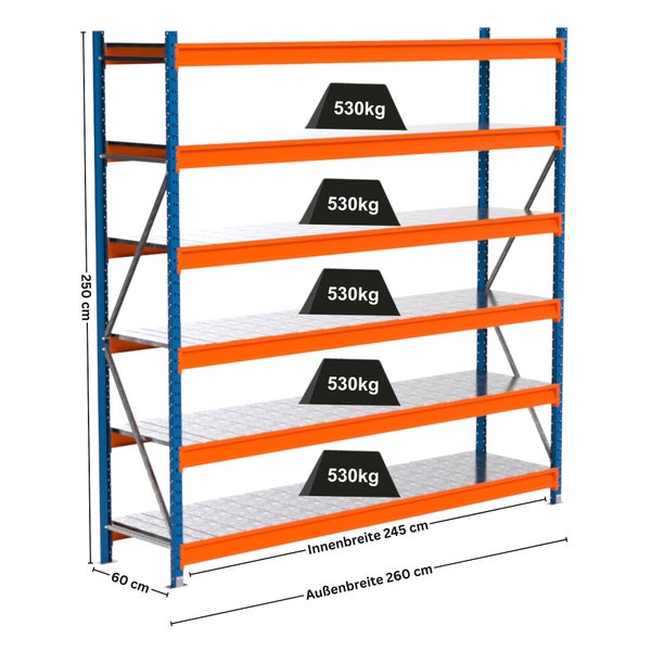 Lagerregal mit fünf Ebenen und einer Traglast von 530 Kilogramm pro Ebene