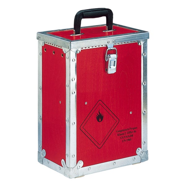 Roter Transportkoffer für Gasflaschen aus Holz mit Metallkanten, Tragegriff und Verschluss. Kennzeichnung für brennbare Gase.
