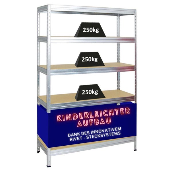 PROREGAL Schwerlastregal Rivet HxBxT 180 x 120 x 45 cm Fachlast 250 kg Innovatives Stecksystem Verzinkt