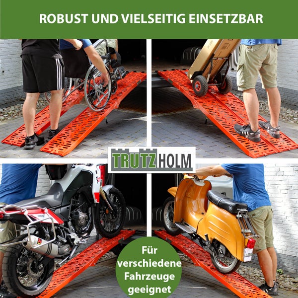 Trutzholm Auffahrrampen Set in Orange beim Verladen von Rollstuhl, Sackkarre, Motorrad und Motorroller. Trutzholm Logo.