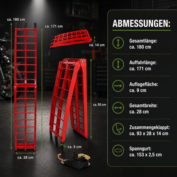 Klappbare Auffahrrampe: Gesamtlänge circa 180 Zentimeter, Breite circa 28 Zentimeter, zusammengeklappt circa 93 Zentimeter, inklusive Spanngurt.