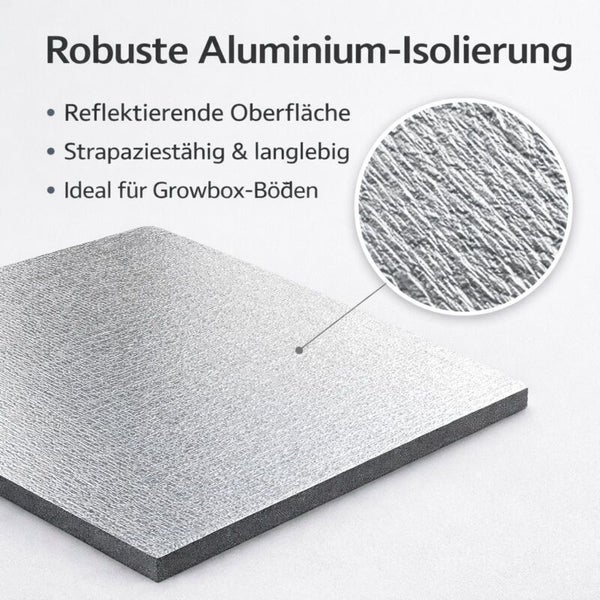 Robuste Aluminium-Isolierung für Growbox-Böden mit strukturierter reflektierender Oberfläche und Schaumstoffschicht.