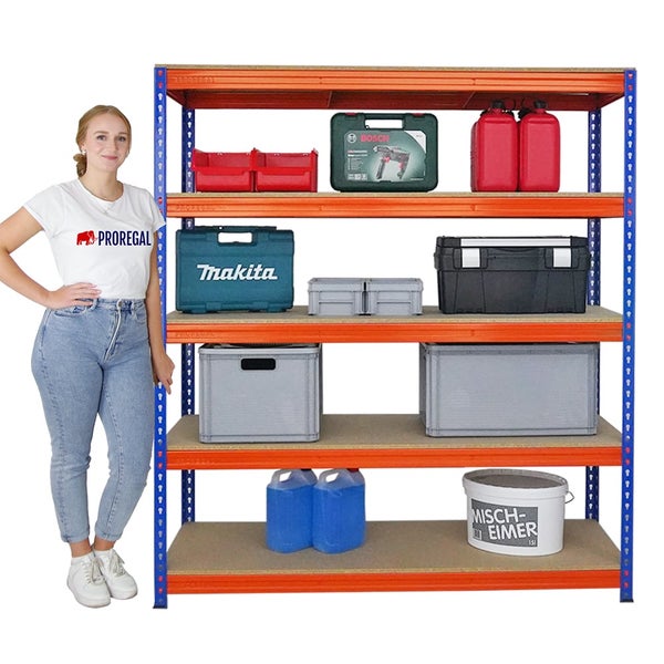 PROREGAL Mega Deal 5x Profi Schwerlastregal Bison HxBxT 200 x 180 x 60 cm 5 Fachböden Fachlast 600 kg Blau-Orange