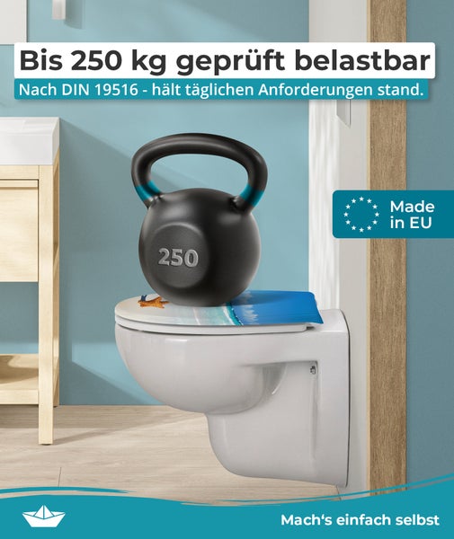 Calmwaters® WC Sitz Motiv Seestern einfache Montage, Toilettendeckel bis 250 kg, Made in EU, antibakterieller Duroplast, Absenkautomatik, 2 Montage Optionen, abnehmbar, Klobrille, oval