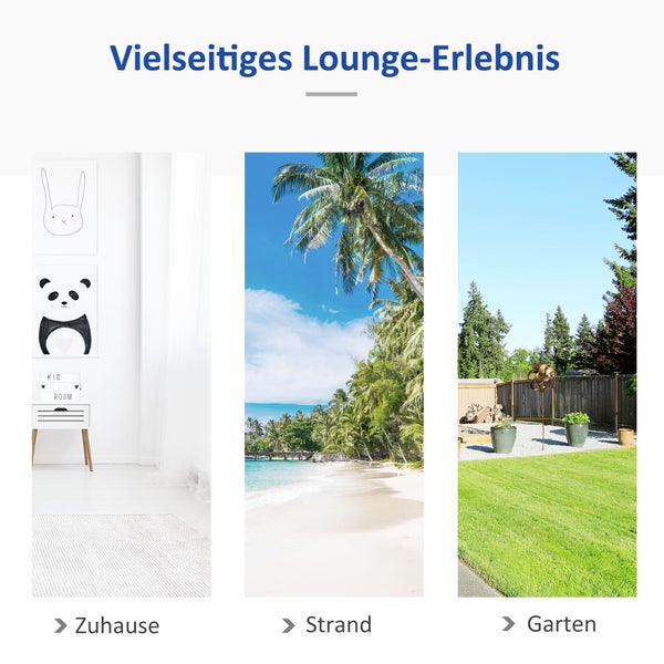 Vielfältiges Lounge-Erlebnis mit Bildern von Zuhause, Strand und Garten