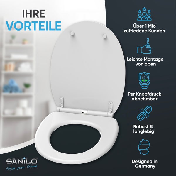 Sanilo Toilettensitz: Über eine Million Kunden, Montage von oben, abnehmbar per Knopfdruck, robust, langlebig, deutsches Design. Sanilo Logo.