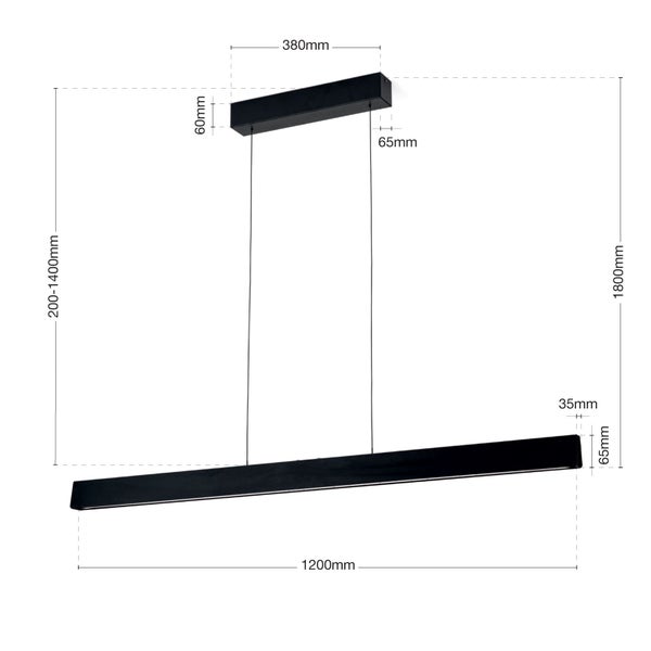 Technische Zeichnung einer modernen LED Pendelleuchte mit Maßangaben in Millimeter für die Deckenmontage.