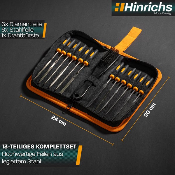 Hinrichs Logo, 13-teiliges Feilenset aus legiertem Stahl: 6 Diamantfeilen, 6 Stahlfeilen und eine Drahtbürste in einer Tasche, 24 mal 20 Zentimeter.