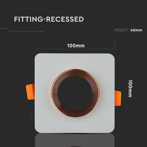 Quadratischer Einbaurahmen in Weiß und Kupfer, Maße 100 mal 100 Millimeter, Höhe 40 Millimeter.