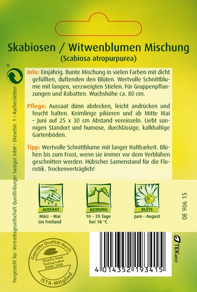 Rückseite der Samentüte Skabiosen Mischung mit Informationen zu Aussaat, Keimung bei 18 Grad, Blüte und Wuchshöhe von circa 80 Zentimeter.